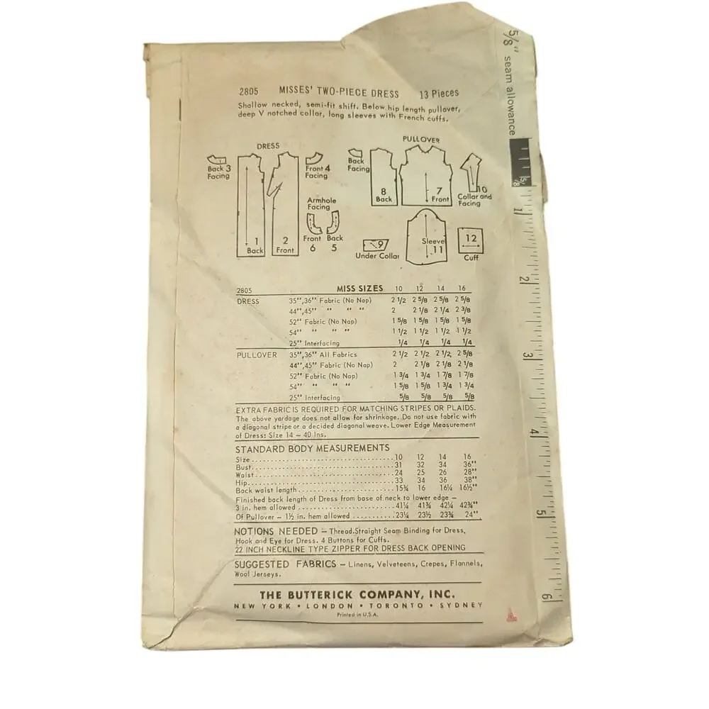 Butterick 2805 Vintage Sewing Pattern Size 14 Bust 34 Misses Jacket Dress